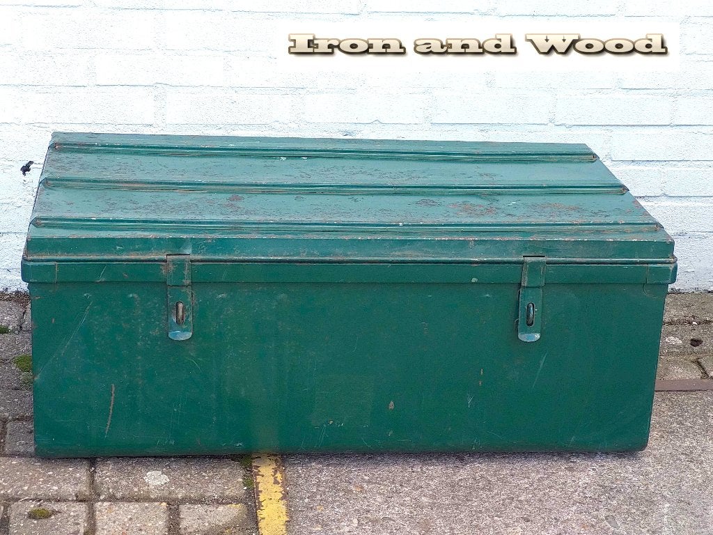Groene vintage stalen oude opberg / dekenkist afm 87x49x35, Ophalen, Minder dan 50 cm, Gebruikt, 50 tot 100 cm