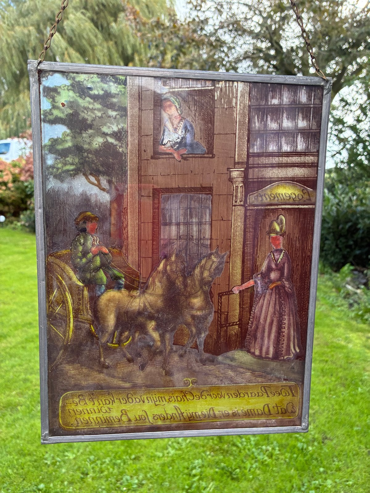 Antieke glas in lood raamhanger "Logement" met rijtuig, Antiek en Kunst, Ophalen