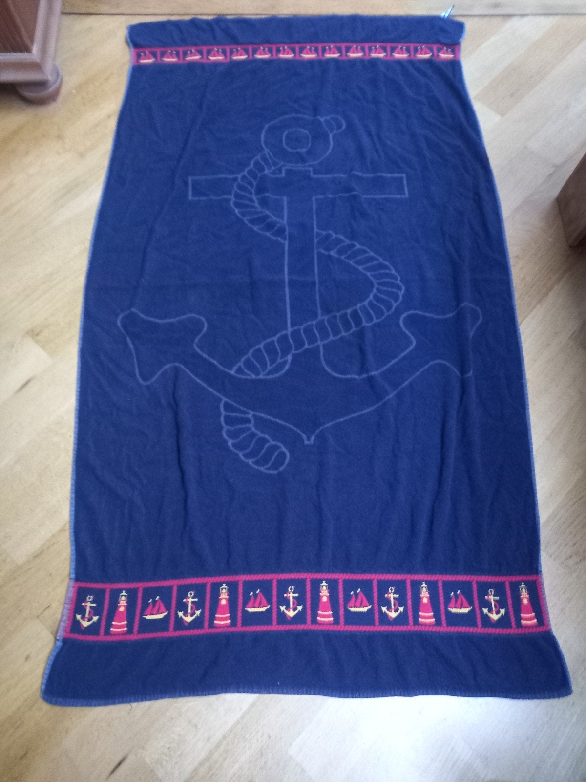 Badlaken met maritieme onderwerpen., Blauw, Overige merken, Badlaken, Ophalen of Verzenden