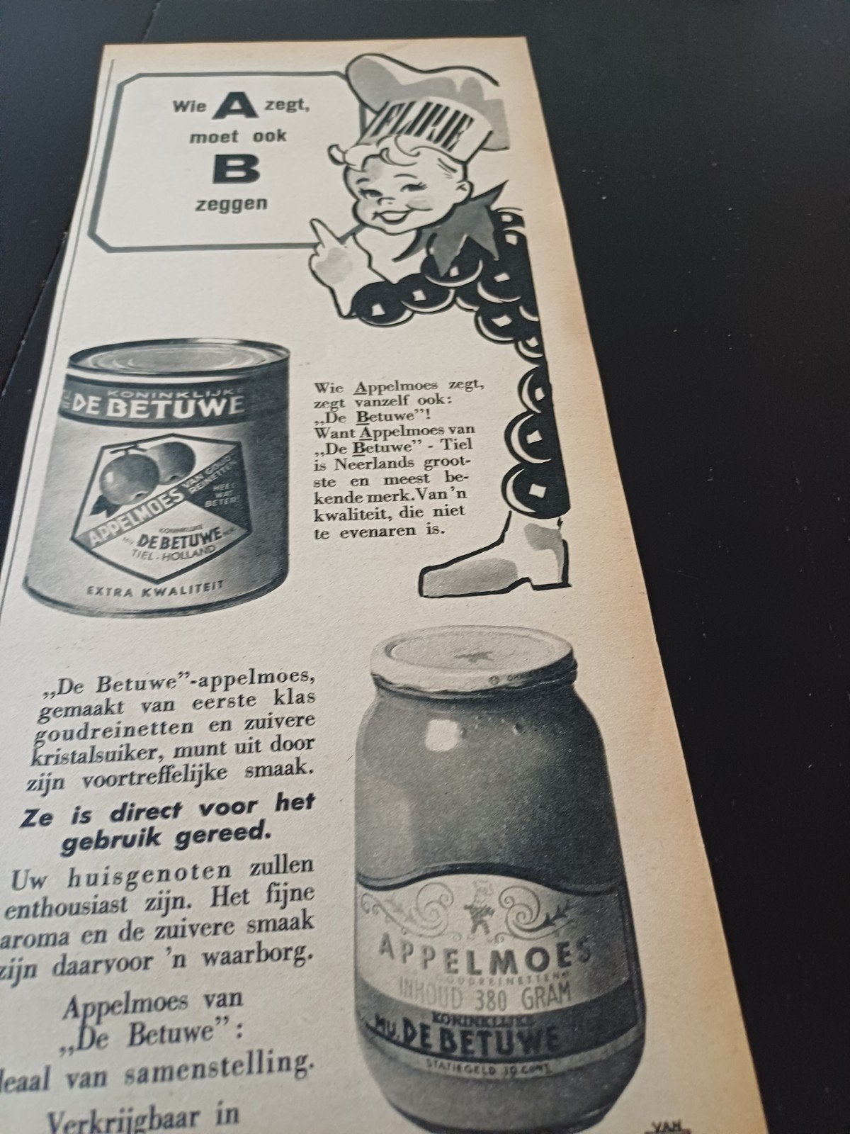 advertentie mij. de Betuwe Tiel Flipje wie A zegt 1956, Ophalen of Verzenden, Zo goed als nieuw, Overige typen