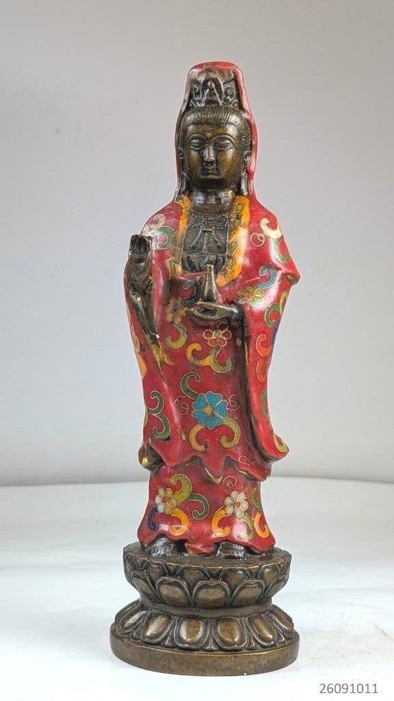 Bijzonder Standbeeld Quan Yin  - Brons Cloisone - China, Antiek en Kunst, Ophalen of Verzenden, China, Gemerkt, Brons