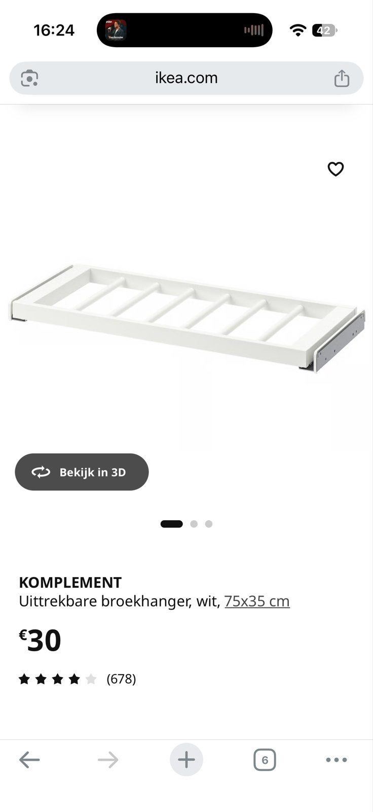 2 IKEA KOMPLEMENT Uittrekbare broekhanger, wit, 75x35 cm, Gebruikt, Minder dan 100 cm, Metaal, 25 tot 50 cm