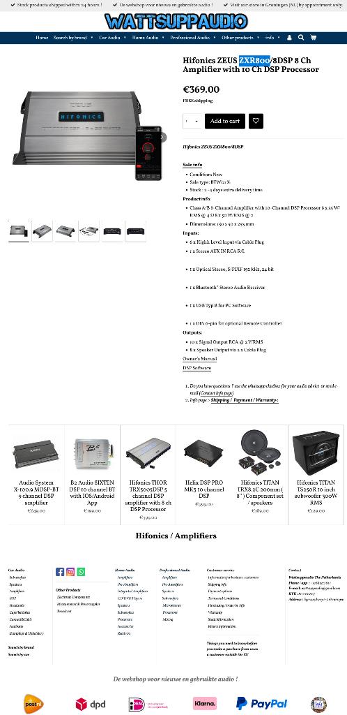 Hifonics ZEUS ZXR800/8DSP 8 kanaals versterker met 10 ch DSP, Auto diversen, Autospeakers, Audio-design, Nieuw, Am Breilingsweg 3, 76709 Kronau, Duitsland