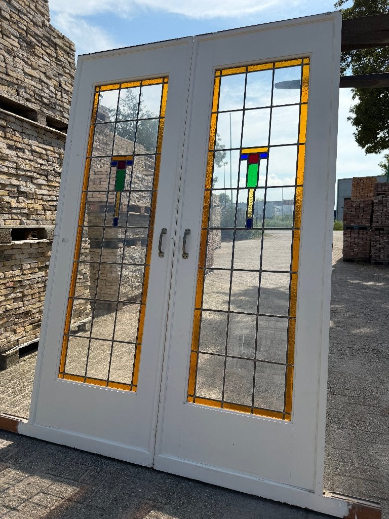 Set schuif / en-suite deuren met glas in lood 216x145.5cm., Antiek en Kunst, Curiosa en Brocante, Ophalen