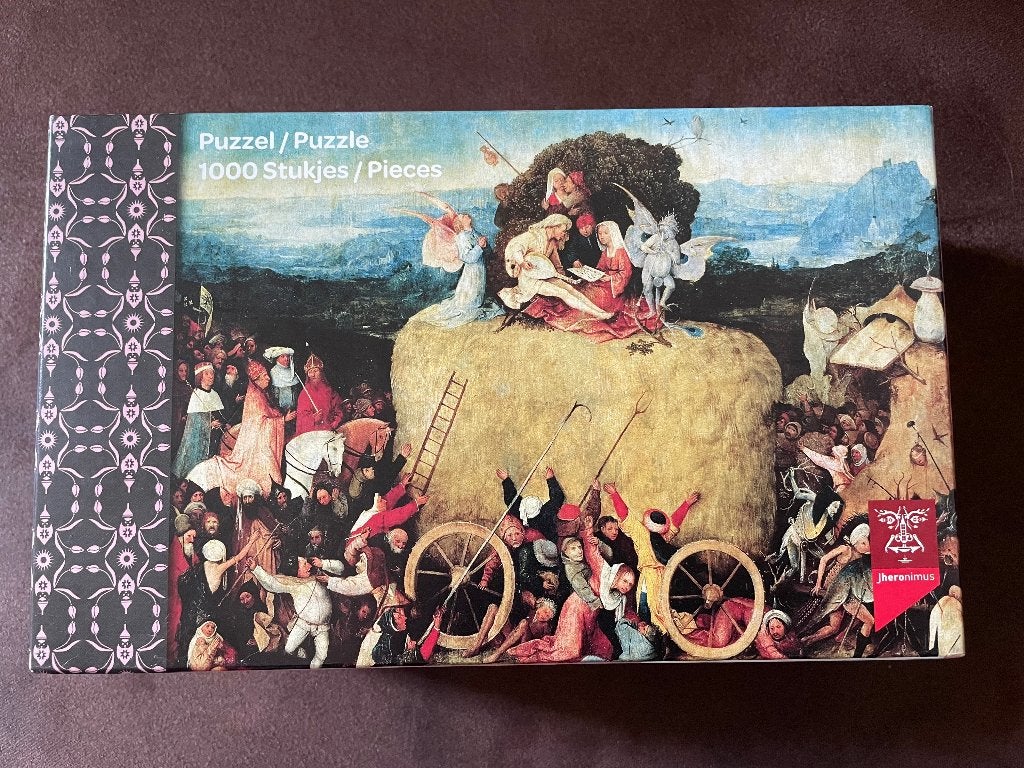 Jheronimus Bosch kunst legpuzzel afb. de hooiwagen, Ophalen of Verzenden, 500 t/m 1500 stukjes, Zo goed als nieuw