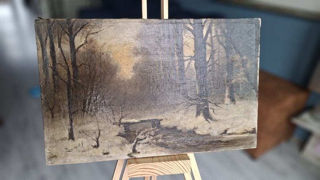 Schilderij Winterlandschap Louis Apol stijl (Olieverf), Nederlandse school, Doek, Ophalen of Verzenden, Landschap