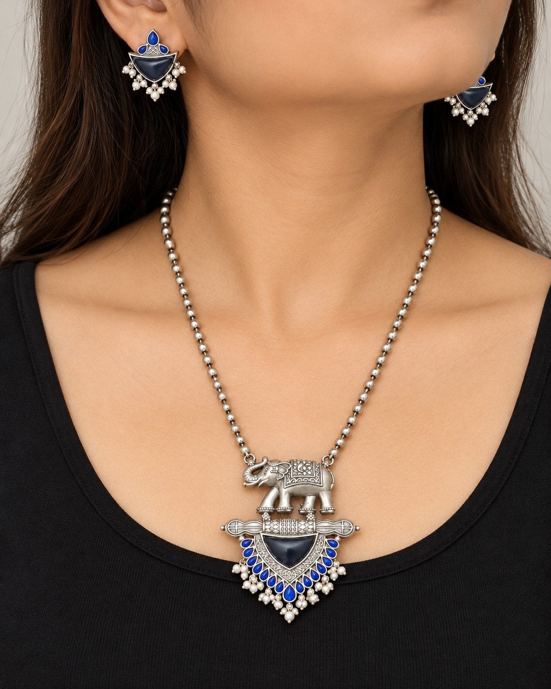 Nieuwe Indiase statement ketting + oorbellen | Olifant blauw, Ophalen of Verzenden, Nieuw, Blauw, Overige materialen