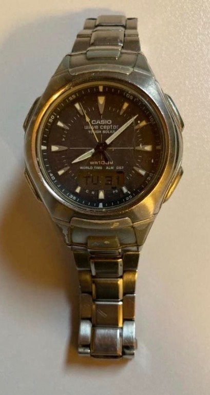 Tk. Casio Wave Ceptor Solar Radiocontrol Herenhorloge, Casio, Gebruikt, Staal, Polshorloge