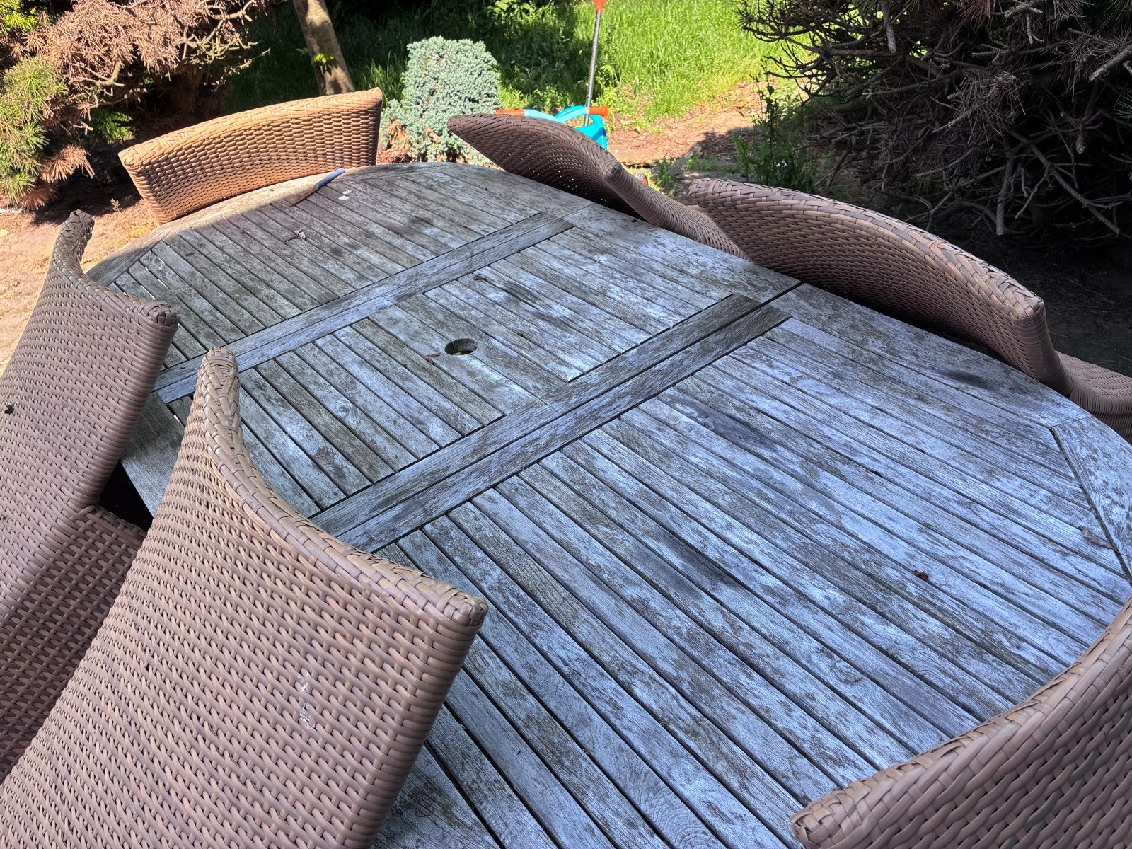 Houten tuintafel met 6 wicker stoelen Oxford Collection, Tuin en Terras, Tuinsets en Loungesets, Ophalen, Gebruikt, Eettafel, 6 zitplaatsen