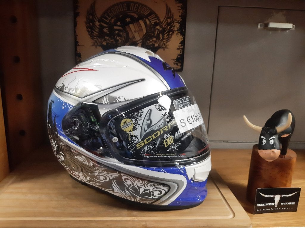 Scorpion 491 helm maat S scorpion exo 491 Run helm blauw wit, Motoren, Pascalstraat 6 1704 RD Heerhugowaard, Kinderen, Ophalen of Verzenden