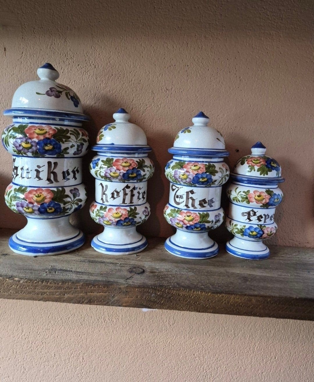 Antieke kruidenpotten set - Suiker, Koffie, Thee, Peper, Ophalen