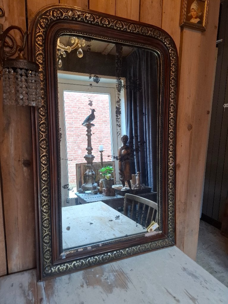 Brocante spiegel in Louis Philippe stijl, goudkleur., Ophalen, Rechthoekig, 50 tot 100 cm, Minder dan 100 cm