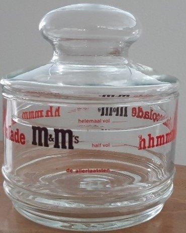 Glazen M&M's pot met opdruk en logo - jaren 80 - ZGAN, Huis en Inrichting, Keuken | Servies, Overige typen, Ophalen of Verzenden