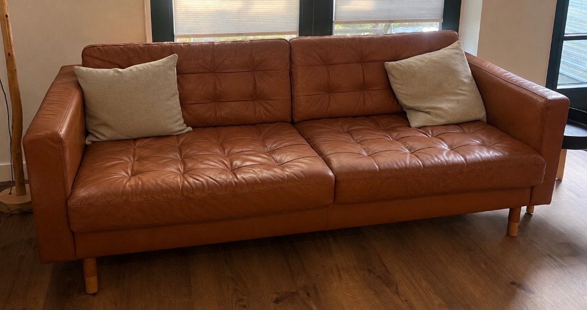 IKEA Landskrona 3-zitsbank bruin leer, 204cm breed, Gebruikt, Driepersoons, Ophalen of Verzenden, Rechte bank