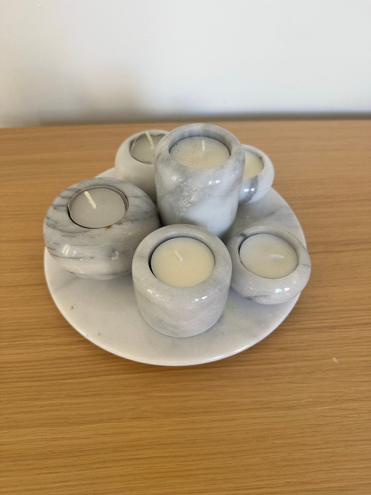 Marmeren set met bord en waxinelichtjeshouders / kaarshouder, Huis en Inrichting, Gebruikt, Wit, Waxinelichthouder, Ophalen of Verzenden