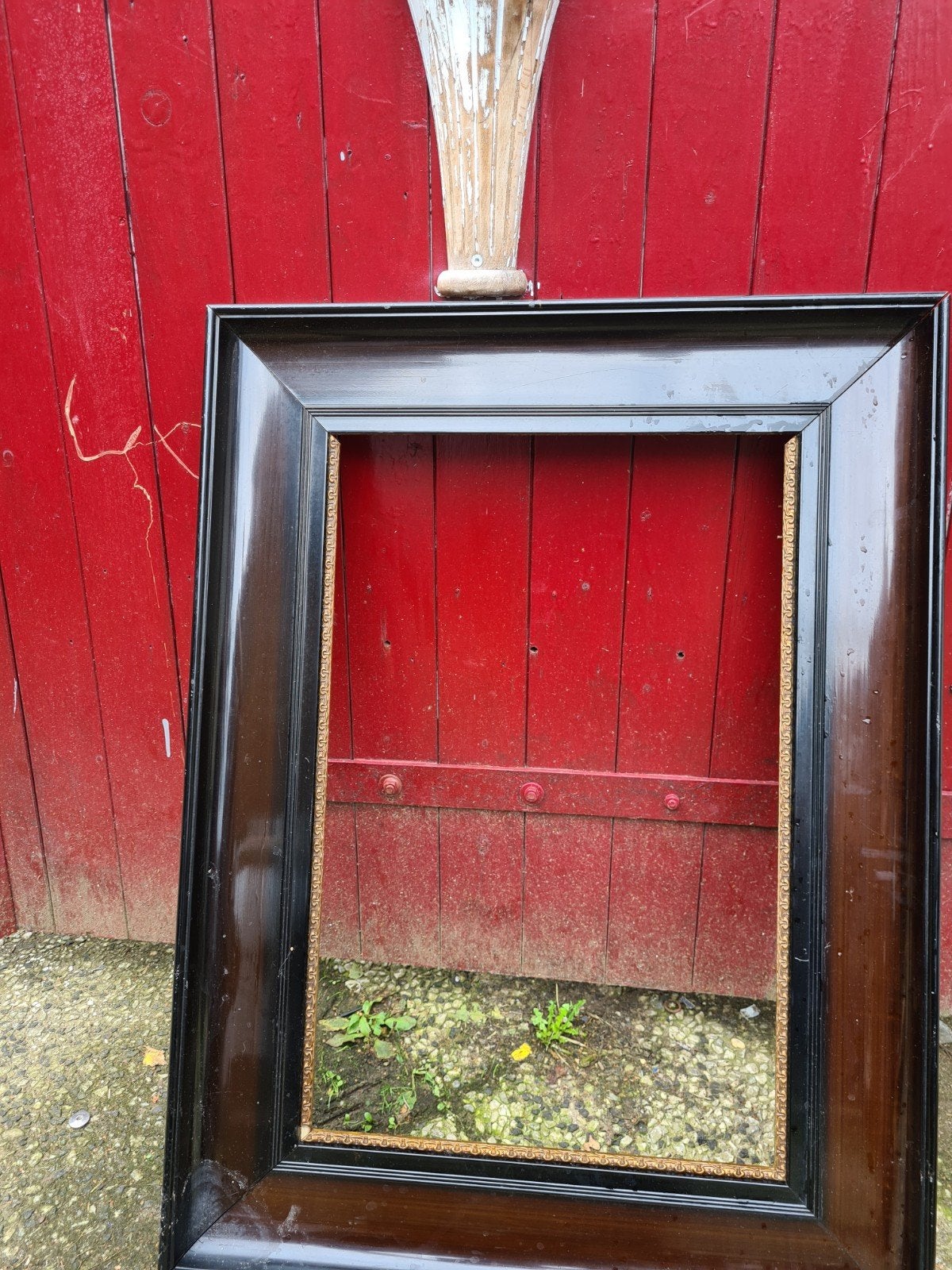 Antieke houten fotolijst - donkerbruin met gouden rand, Bruin, Gebruikt, Met sierrand, Ophalen of Verzenden