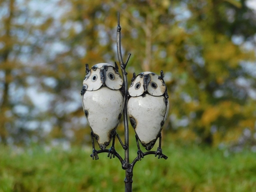Handgemaakte Tuinsteker met 2 Uilen - 113 cm - Metaal, Tuin en Terras, Verzenden, ., Nieuw, .