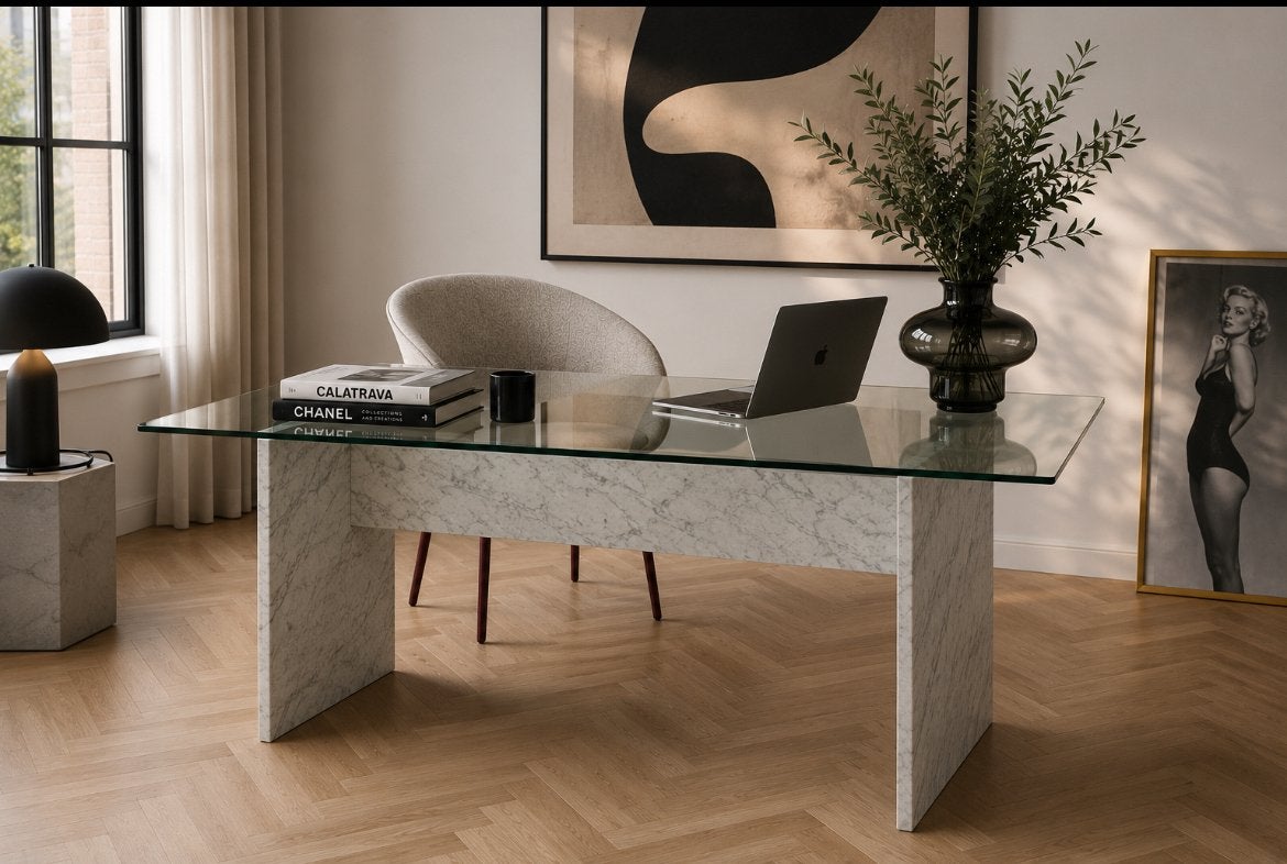 Italiaans design bureau glas met marmer erg mooi, Ophalen, Zo goed als nieuw