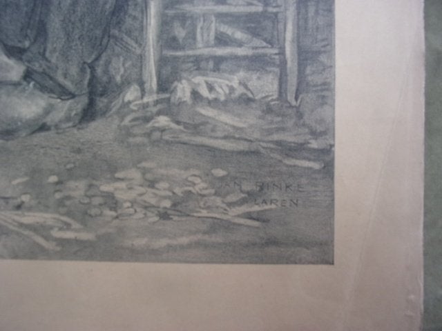 Rinke, Jan - Boer met pijp bij de haard. Grote Litho ca.1910, Dagelijks leven, Blanco verso, Lithografie, 48 cm