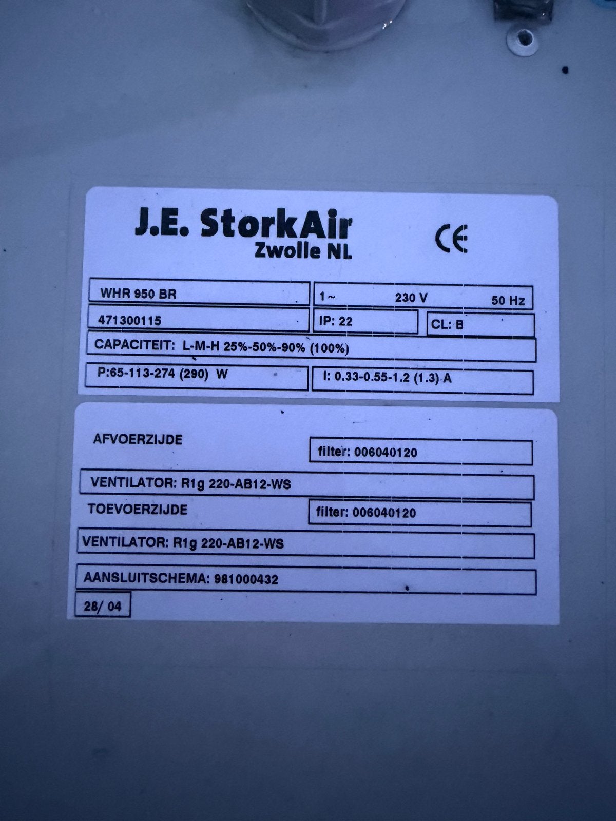 J.E. StorkAir WHR 950 BR Ventilatie-unit, Ophalen, Gebruikt, Ventilator en Afzuiger