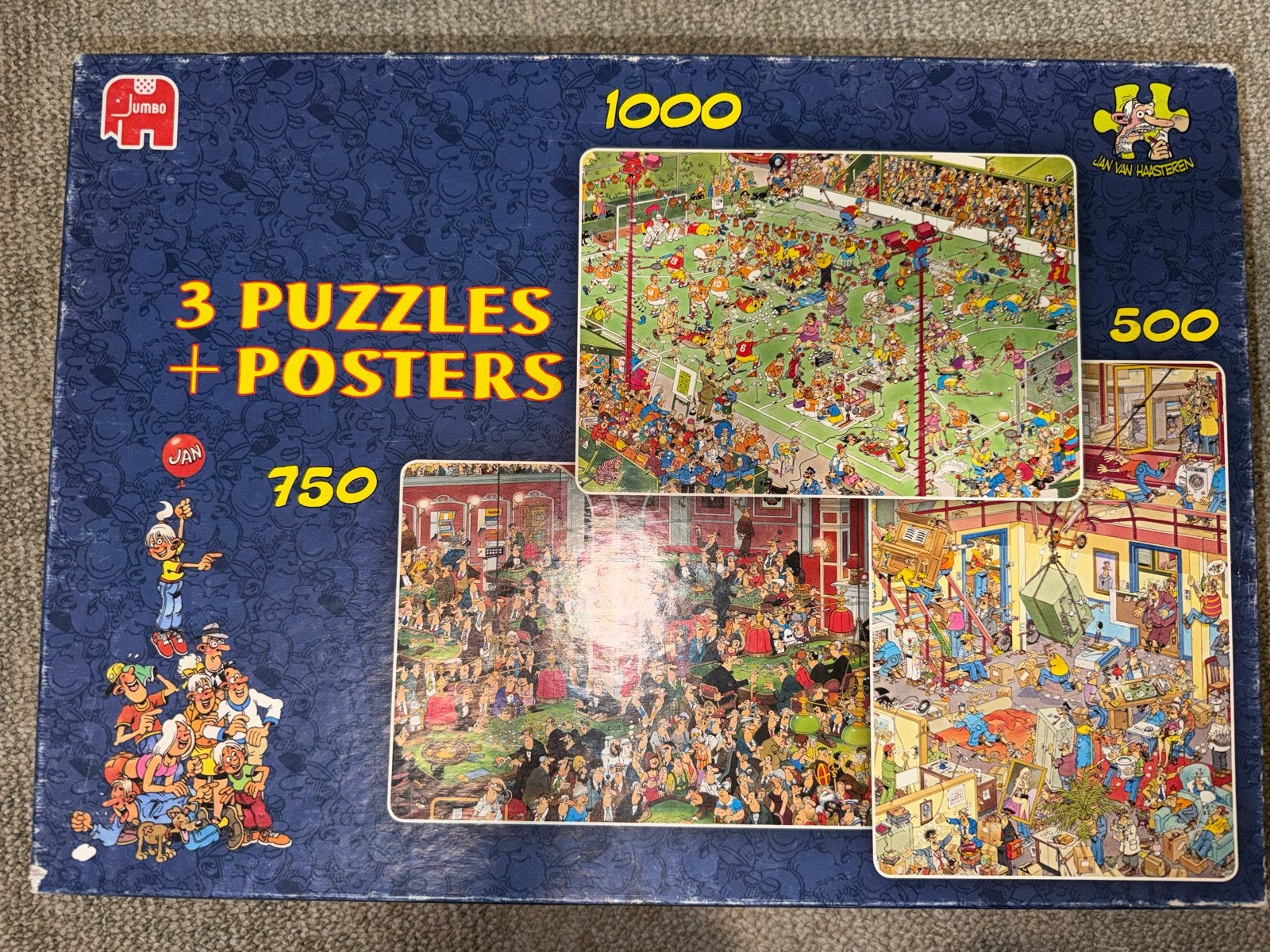 Jumbo Jan van Haasteren 3 Puzzels + Posters (500, 750, 1000), Ophalen of Verzenden, 500 t/m 1500 stukjes, Gebruikt, Legpuzzel