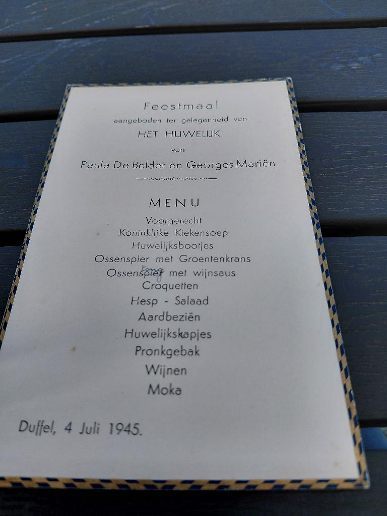 Menu Huwelijk in 1945 in Belgie, Verzamelen, Overige Verzamelen, Verzenden
