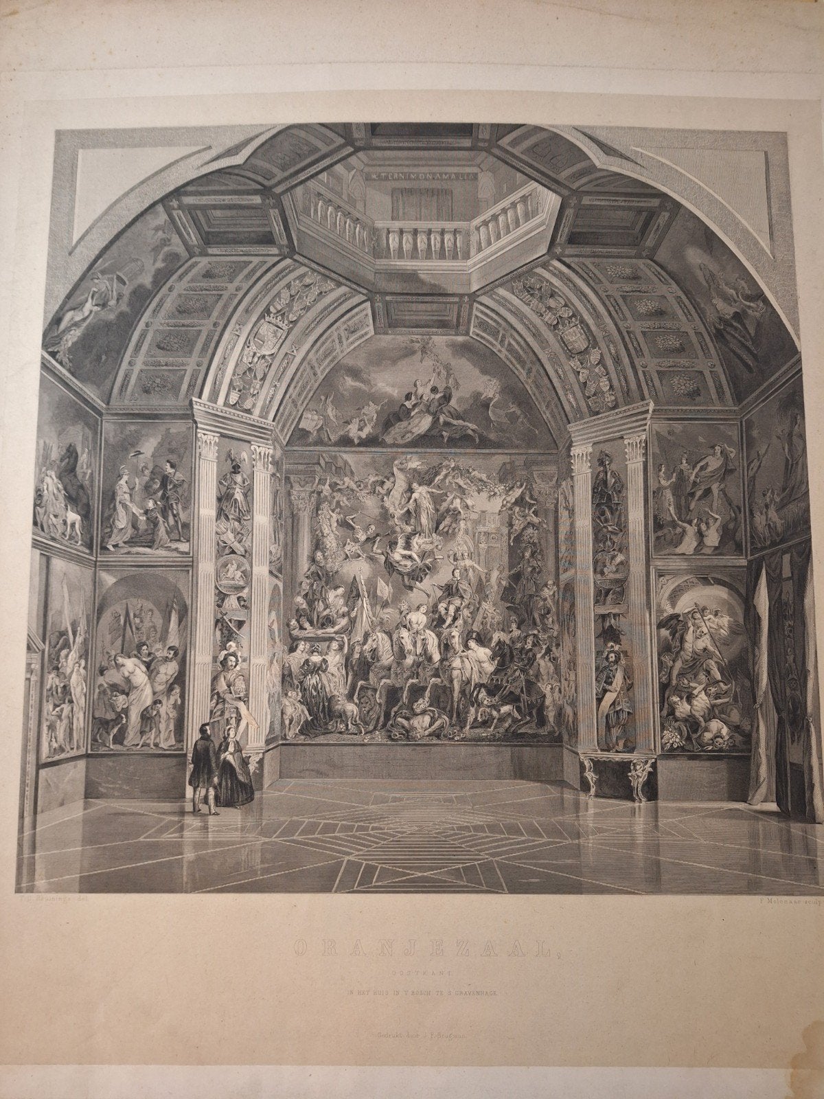 Antieke Gravure Oranjezaal Den Haag, 1800 - 1899, Architectuur, Ophalen of Verzenden, Gravure