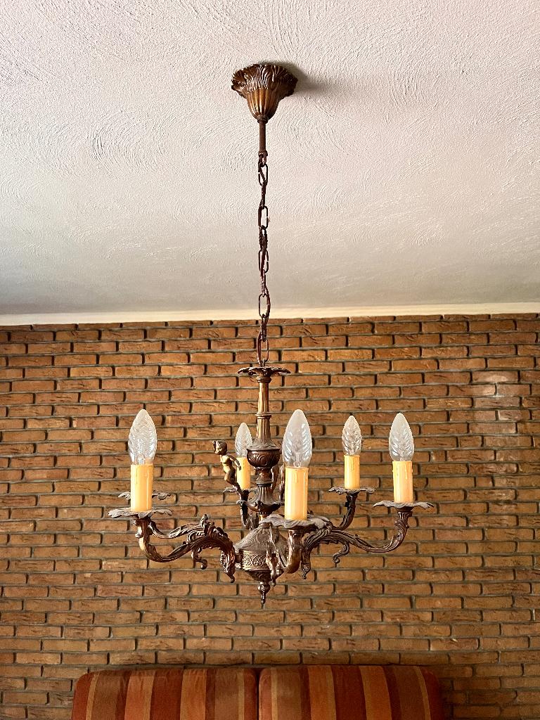 Antieke messing kroonluchter/ hanglamp engelen (Cherubijnen), Ophalen