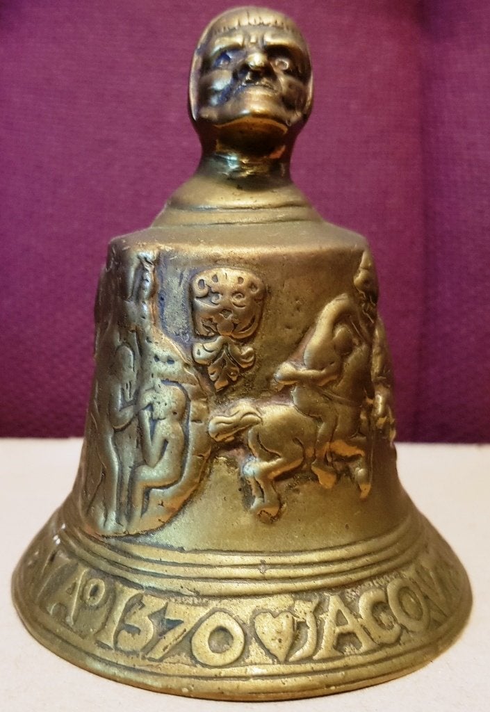 Tafelbel met inscriptie, Ophalen of Verzenden, Brons