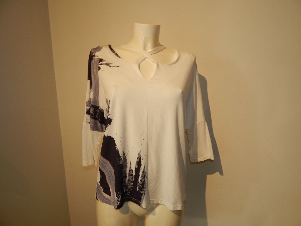 Elsewhere wit baggy shirt aparte hals zwart grijs print M, Kleding | Dames, Maat 38/40 (M), Elsewhere, Wit, Ophalen of Verzenden