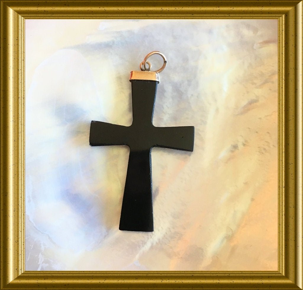 Oude zwarte hanger: kruisje. Gouden haakje, Ophalen of Verzenden, Goud, Hanger