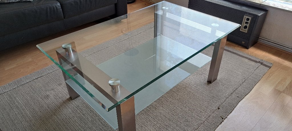 Glazen salontafel, Huis en Inrichting, Tafels | Salontafels, Ophalen, 50 – 75, Gebruikt, 100 tot 150 cm