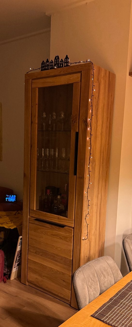 Eikenhouten vitrinekast met glazen deur en planken, Ophalen, Minder dan 50 cm, Eikenhout, Zo goed als nieuw