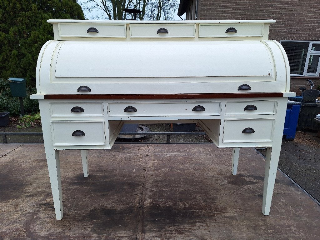 Groot houten secretaire met ronde klep en veel lades, Ophalen, Gebruikt, Klassiek, Brocante