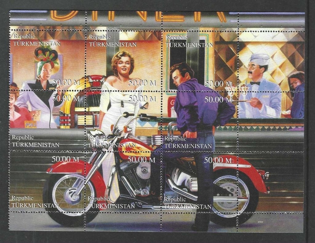Turkmenistan motorfiets Marilyn Monroe filmsteren, Ophalen of Verzenden, Postfris, Overige thema's