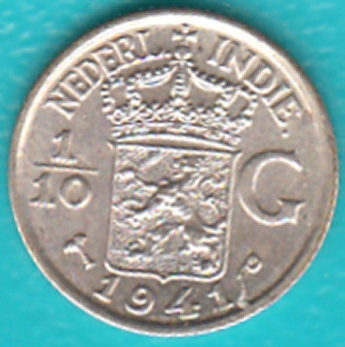 Nederlands-Indië 1/10 gulden 1941 P Wilhelmina zilver, Zilver, Ophalen of Verzenden, 10 cent, Koningin Wilhelmina