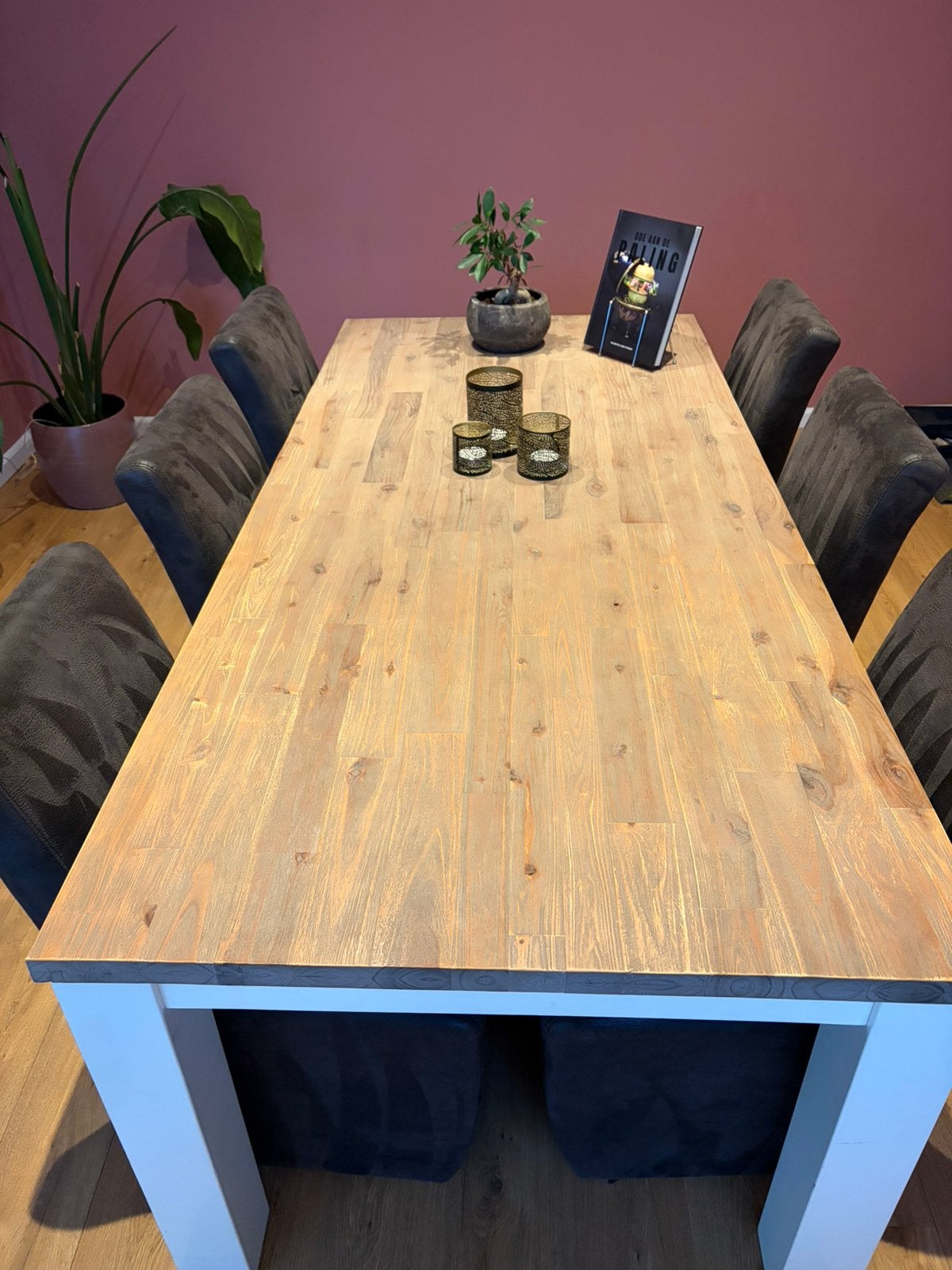 Eettafel 220 x 100 cm inclusief 6 stoelen, Ophalen, Gebruikt, 6 tot 8 stoelen