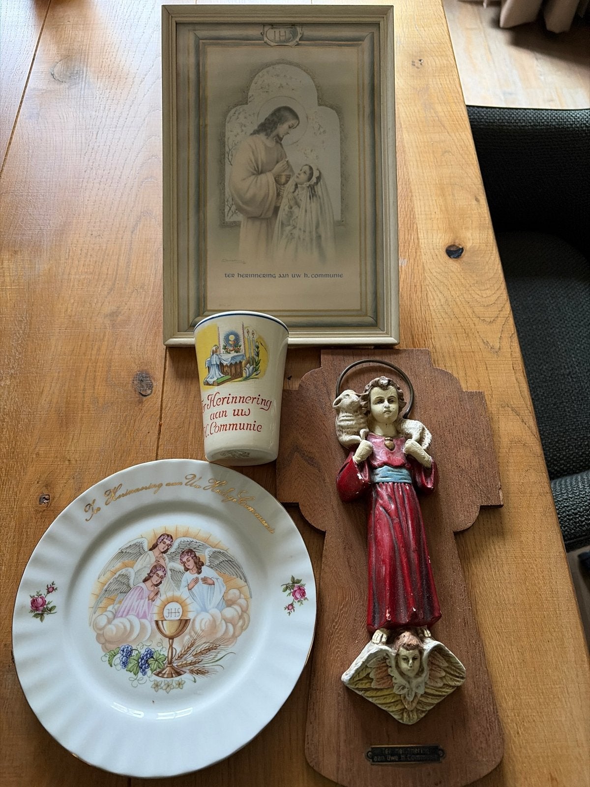 Vintage Communie Herinneringsset - Bord, Beker, Beeld, Ophalen of Verzenden