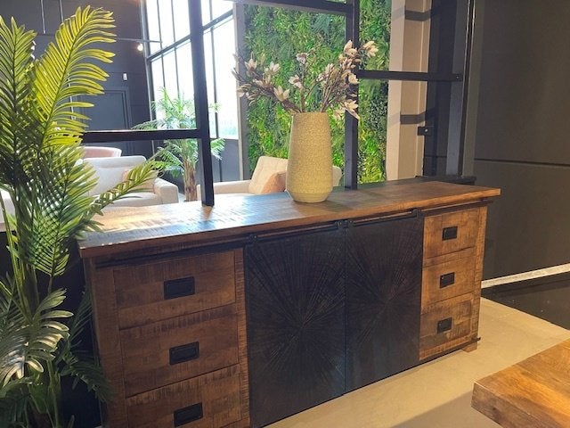 Dressoir Mango 6 lades 2 metaal deuren 160 cm breed actie, Overige houtsoorten, Nieuw, 3 of 4 laden, Dressoir Mango 6 lades 2 metaal deuren 160 cm breed actie