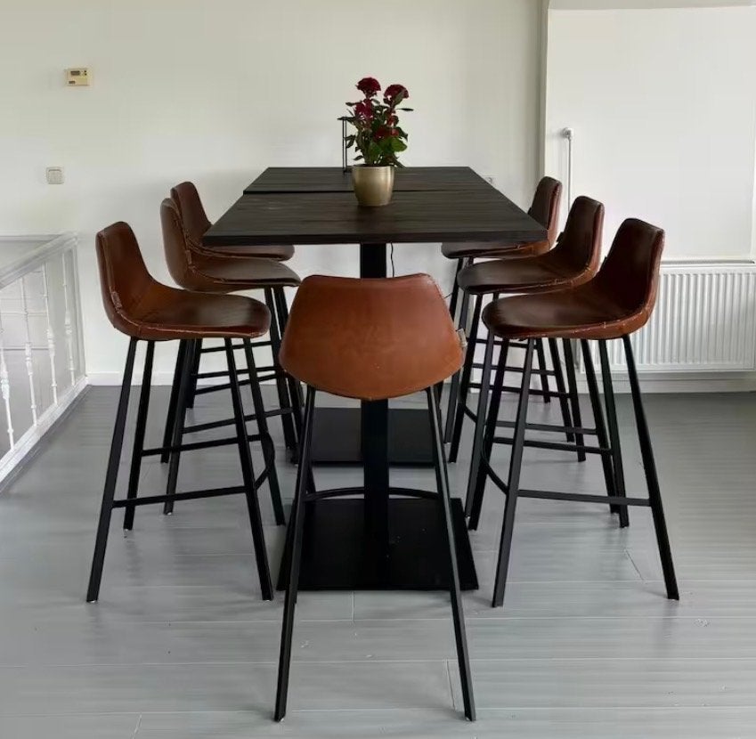 6 x Industriële bartafel + 14x cognac barkruk – complete set, Ophalen, Leer, 90 cm of meer, Gebruikt