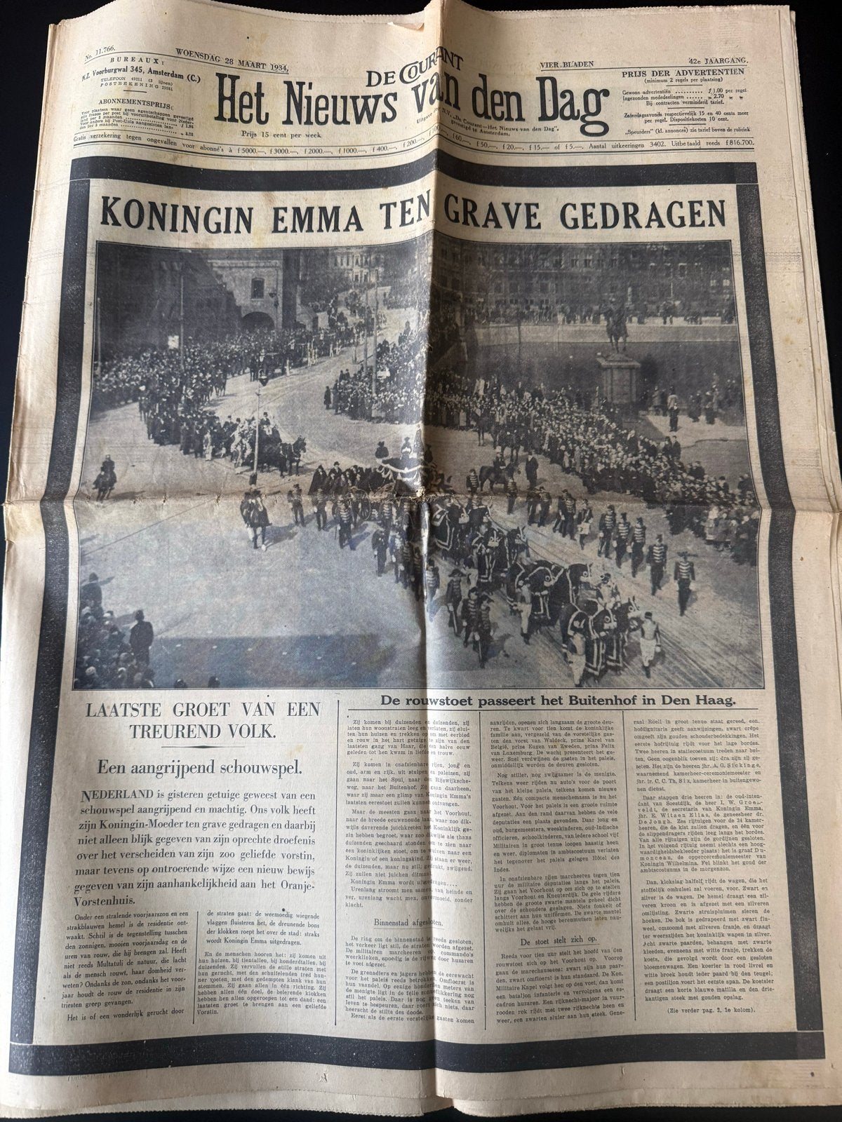 Krant: Het Nieuws van den Dag - Overlijden Koningin Emma 193, Ophalen of Verzenden, 1920 tot 1940, Nederland, Krant
