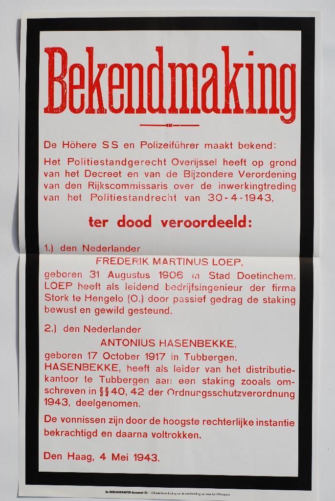 Affiche Bekendmaking 4 mei 1943 | Heruitgave 1994, Zo goed als nieuw, Verzenden, Amsterdam, Nederland