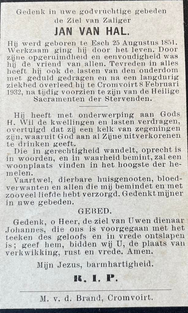 Jan van Hal 1851 Esch, Ophalen of Verzenden