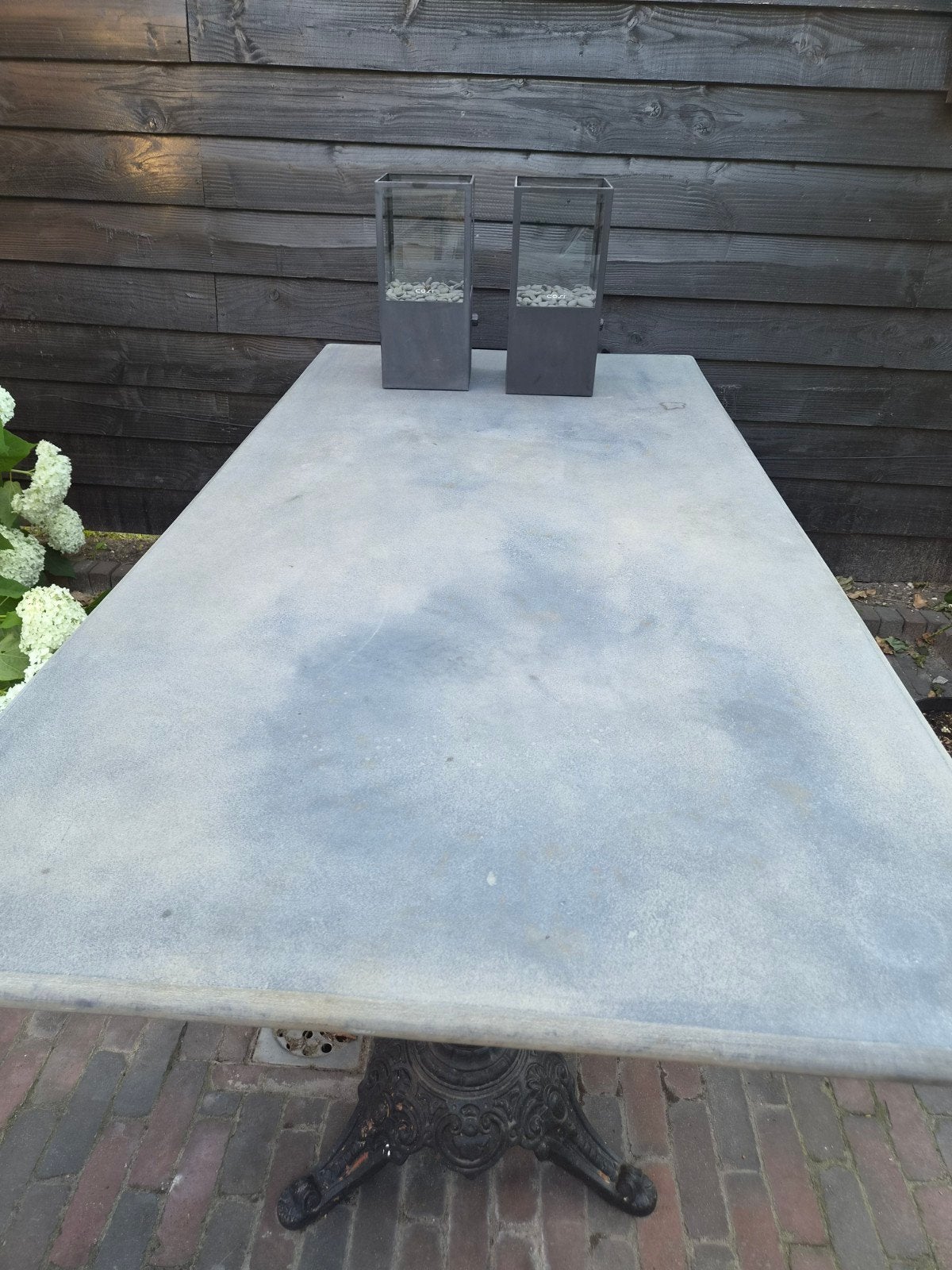 Antieke gietijzeren tafel met bistrotafelpoten en hardstenen, Ophalen, Gebruikt, Rechthoekig, Metaal
