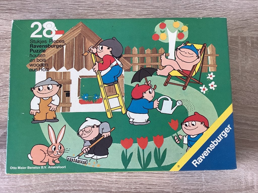 Houten puzzel Mainzelmannetjes 28 stukjes Ravensburger 1974, 10 tot 50 stukjes, Ophalen of Verzenden, Zo goed als nieuw, Van hout