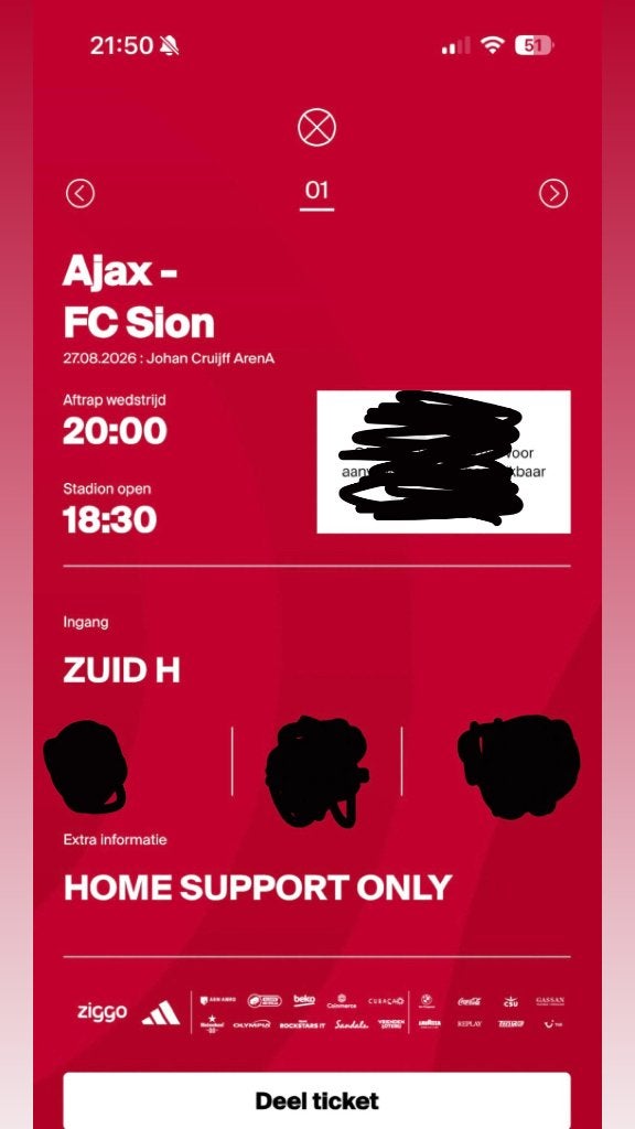 Ajax - Sion F-side, Tickets en Kaartjes, Sport | Voetbal, Losse kaart, Eén persoon, Augustus
