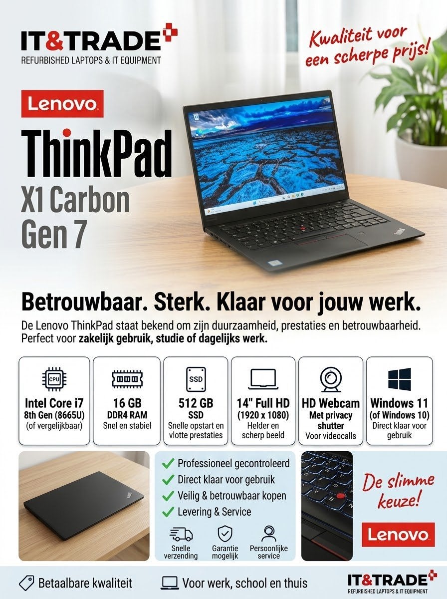 Lenovo ThinkPad X1 Carbon Gen7 / i7-8665U / 16GB / 512GB SSD, Qwerty, Minder dan 2 Ghz, UK, Zo goed als nieuw