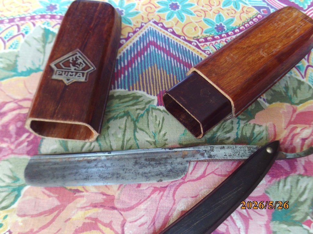 antiek kapper scheermes bartputzer 1927 merk Puma Solingen, Antiek en Kunst, Ophalen of Verzenden