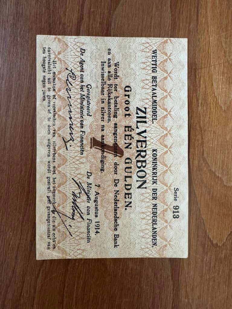 Zilverbon 1 gulden, Serie 913, Postzegels en Munten, Bankbiljetten | Nederland, Ophalen of Verzenden