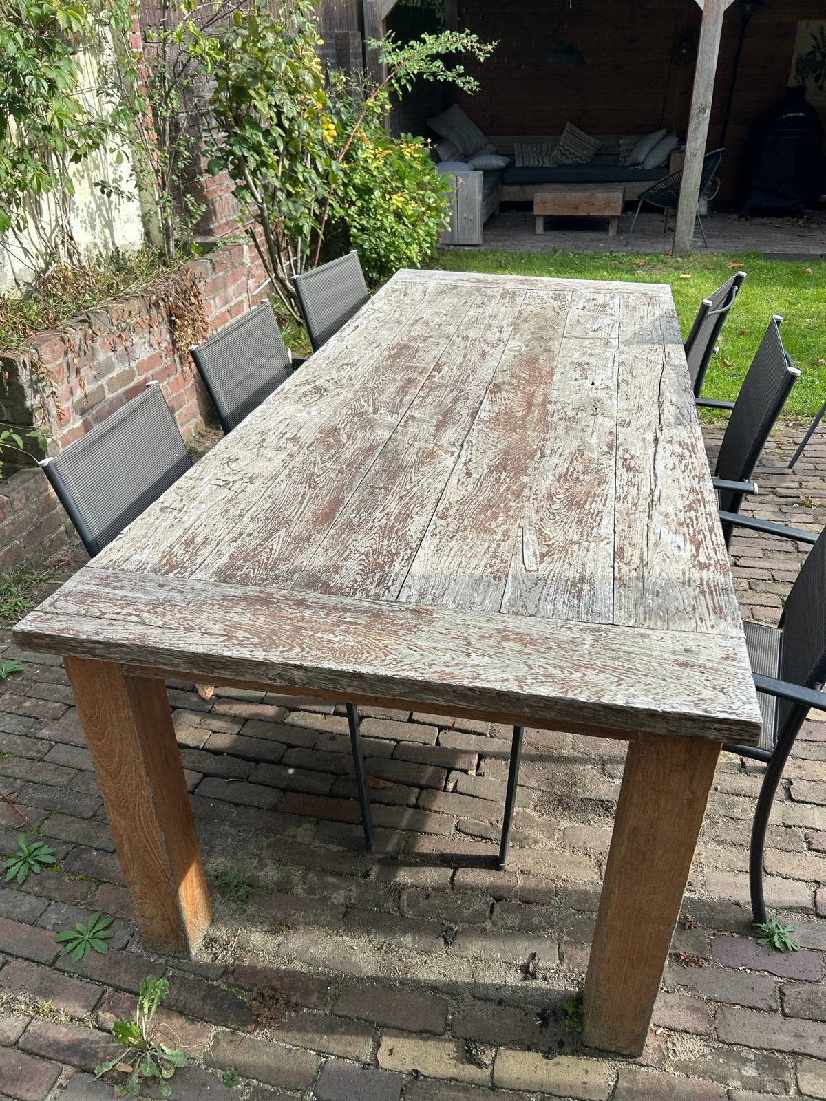 Robuuste houten tuintafel (2,40 x 1 mtr) met 6 stoelen, Ophalen, Gebruikt, Rechthoekig, Hout